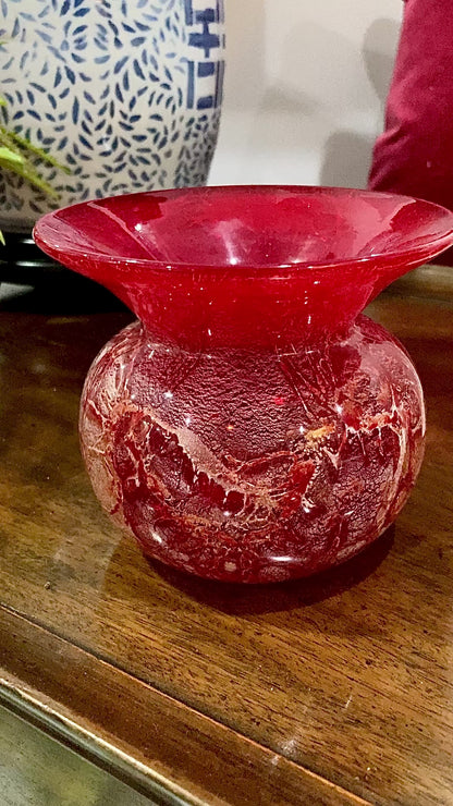 Rare Vintage Baccarat France Marbled Ruby Red Fluted Rim Glass Vase