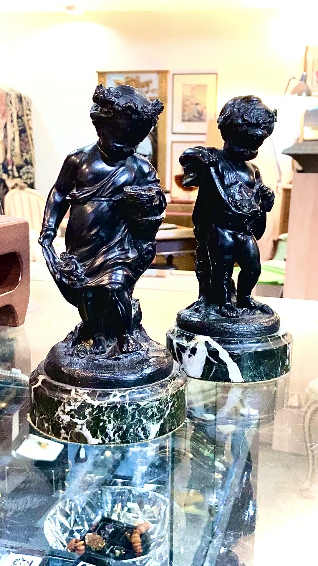 19th Century Pair of Bronze Neoclassical Child Figures on Marble After Etienne Falconnet on glass video