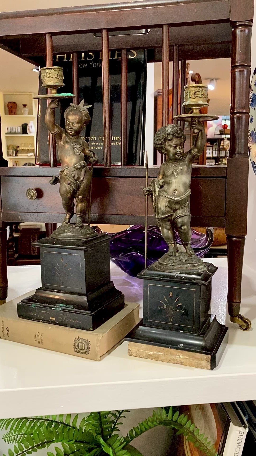 19th Century Pair Antique Bronze French Putti Candlesticks Slate Base Video