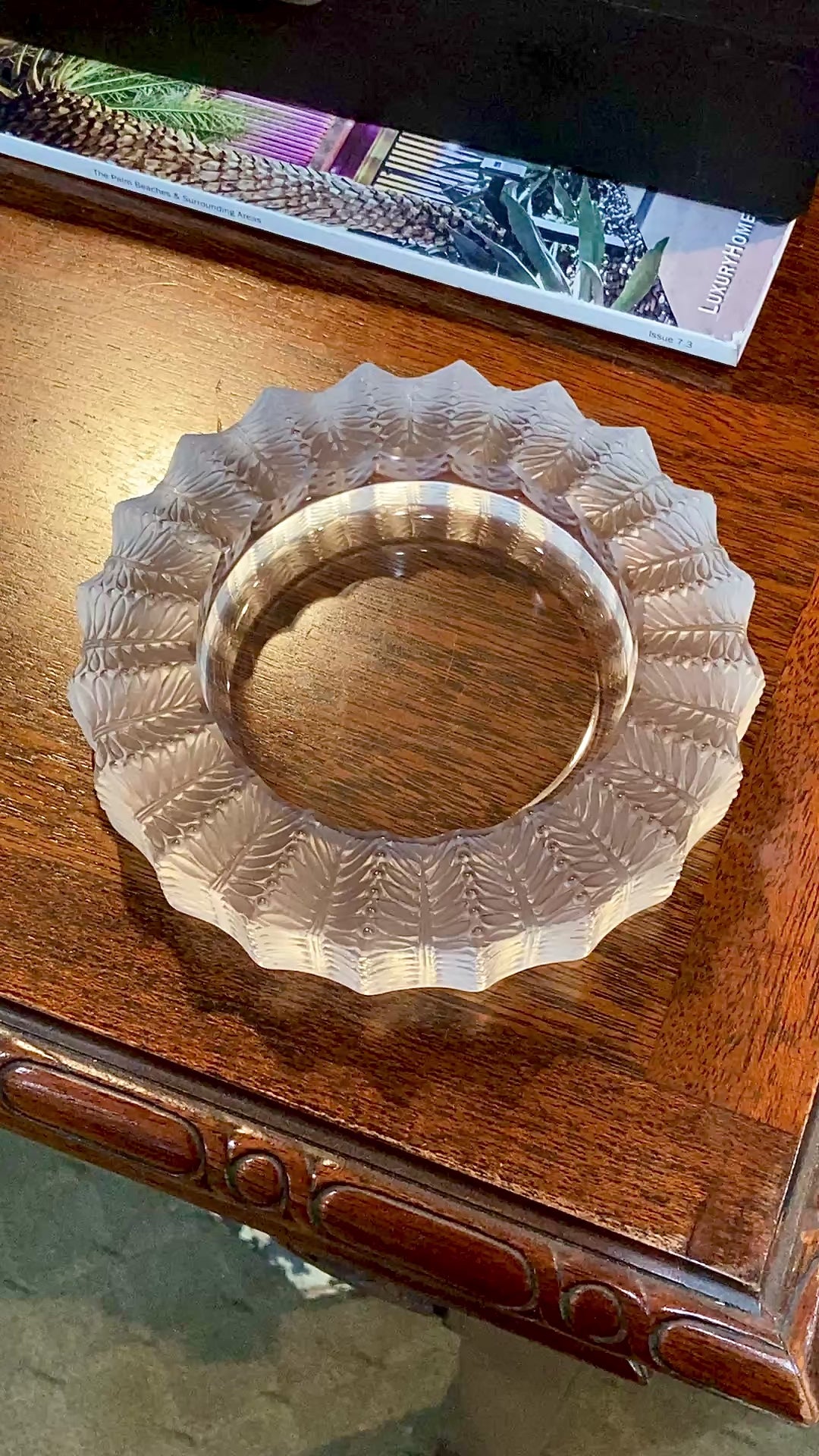 Vintage Lalique France Jamaique Pattern Frosted Clear Crystal Spoon Rest Dish