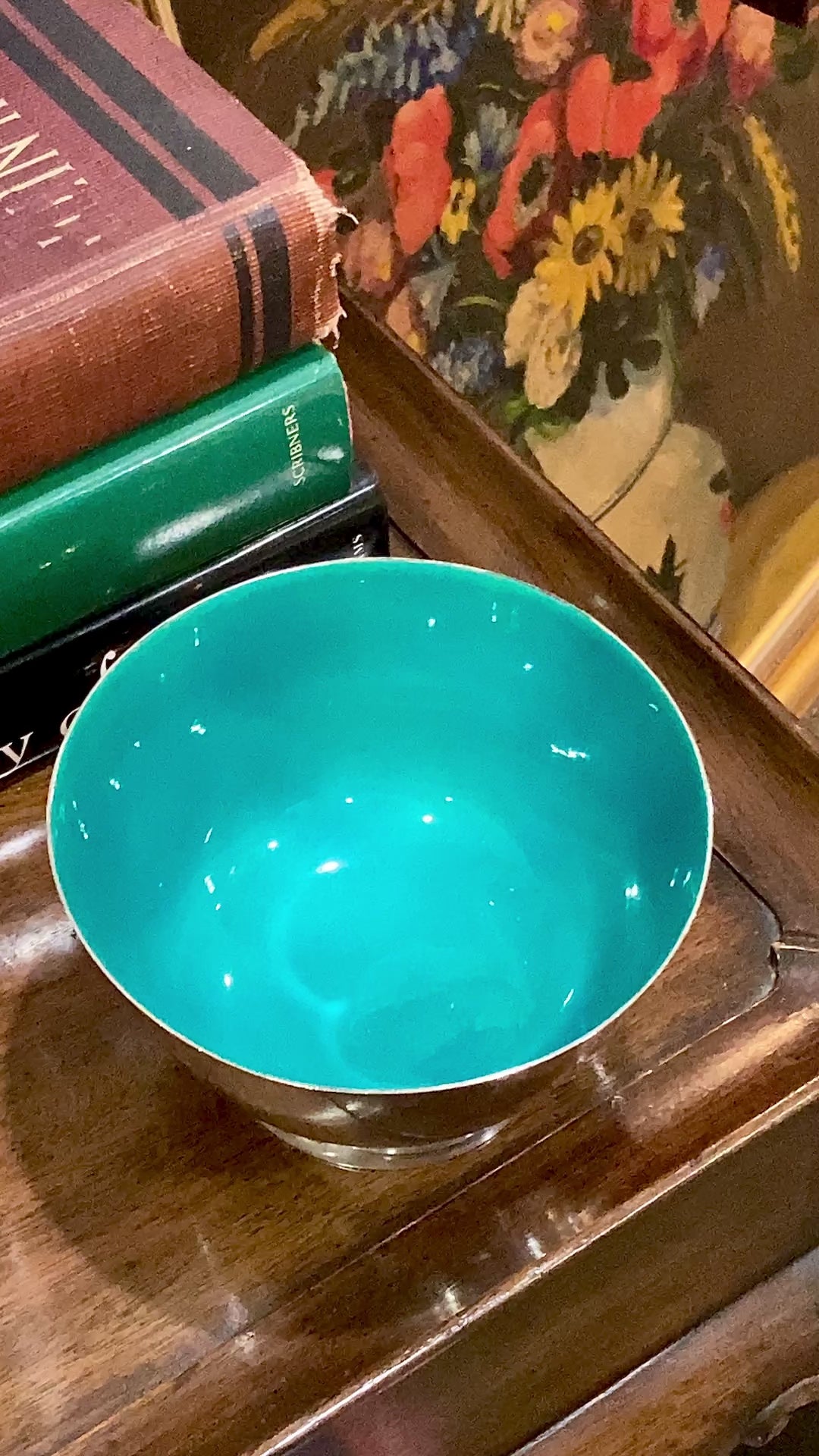 Vintage TOWLE Polished Sterling Silver Turquoise Aqua Enameled Bowl Video