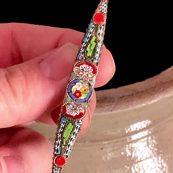 Vintage Colorful Floral Micro Mosaic Tapered Bar Pin Brooch