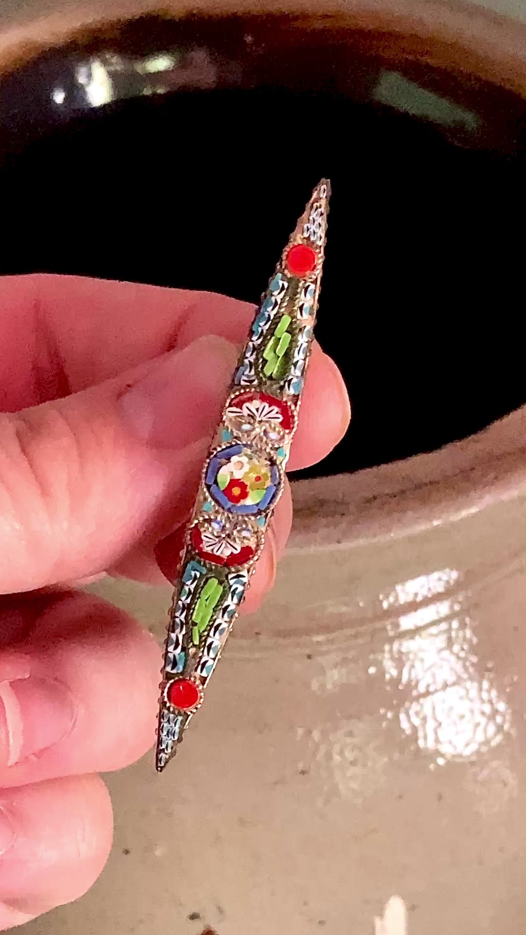Vintage Colorful Floral Micro Mosaic Tapered Bar Pin Brooch