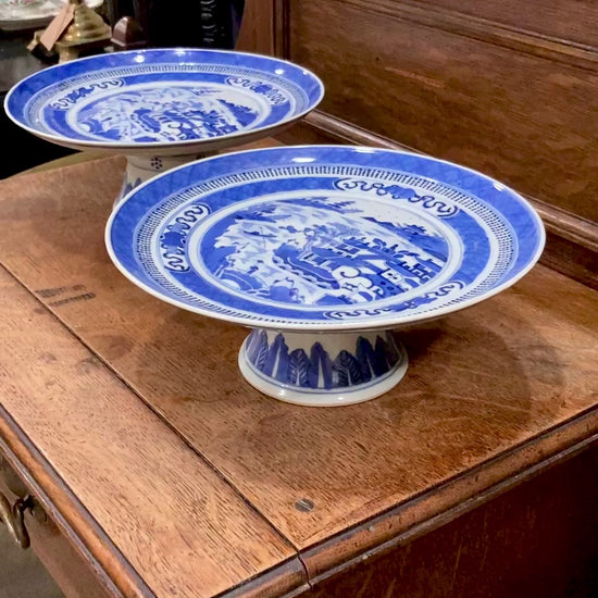 Antique 1900 Pair Blue White Chinese Porcelain Tazza Footed Dishes