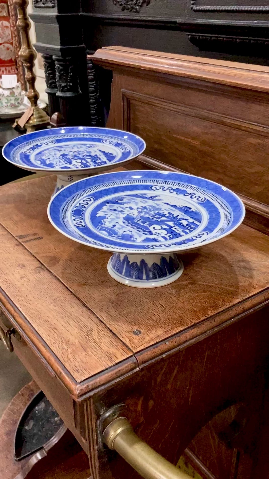 Antique 1900 Pair Blue White Chinese Porcelain Tazza Footed Dishes