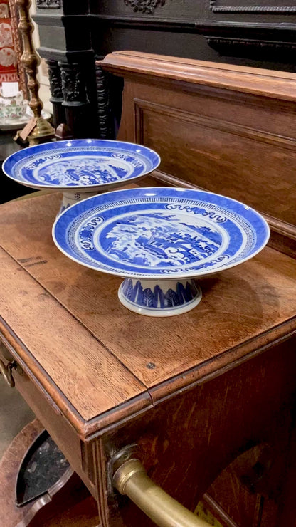 Antique 1900 Pair Blue White Chinese Porcelain Tazza Footed Dishes