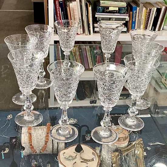 Set of Ten Vintage American Engraved Clear Glass Stemmed Water Goblets