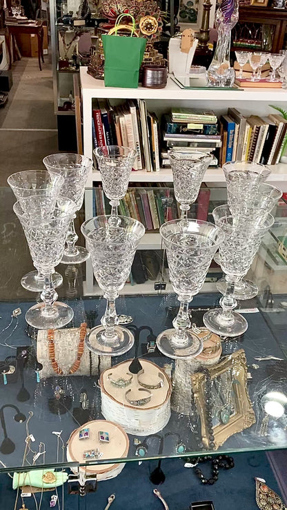 Set of Ten Vintage American Engraved Clear Glass Stemmed Water Goblets