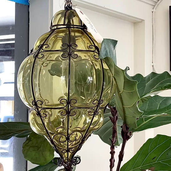 Vintage Italian Hand Blown Bubble Glass Metal Cage Pendant Light Chandelier