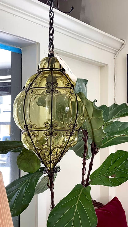 Vintage Italian Hand Blown Bubble Glass Metal Cage Pendant Light Chandelier