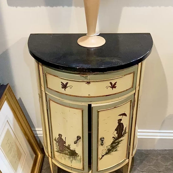 Vintage 1940s Green Yellow Black Top Japaned Demilune Chest Cabinet
