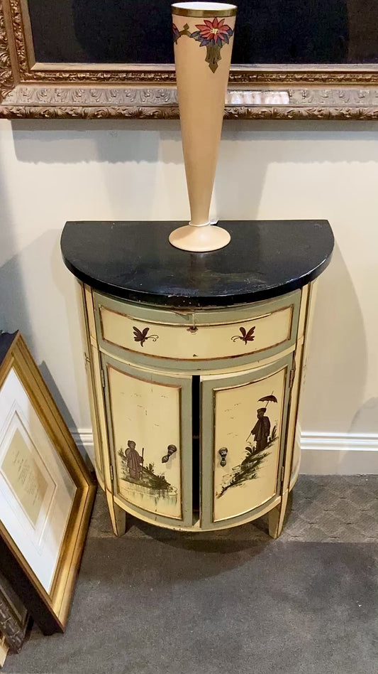 Vintage 1940s Green Yellow Black Top Japaned Demilune Chest Cabinet