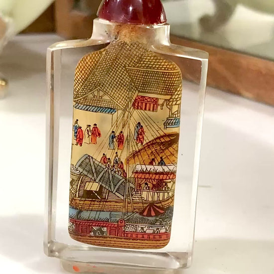 Vintage Midcentury Chinese Cityscape Reverse Painted Rock Crystal Snuff Bottles 1
