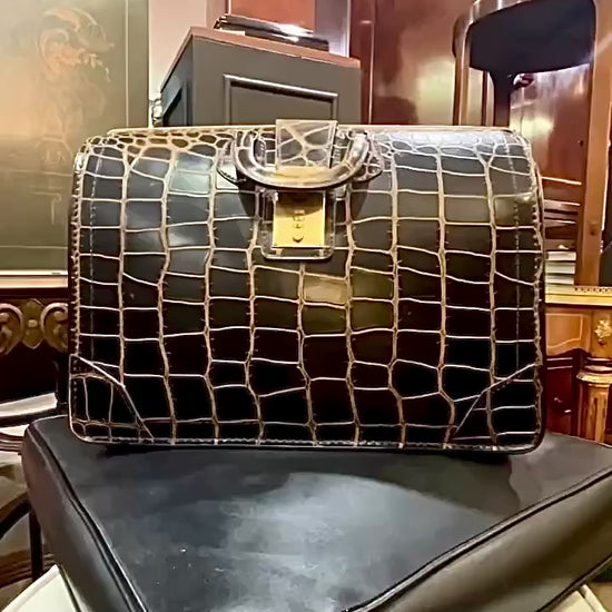 Vintage Belber Warm Black Crocodile Leather Satchel Style Travel Doctor Bag