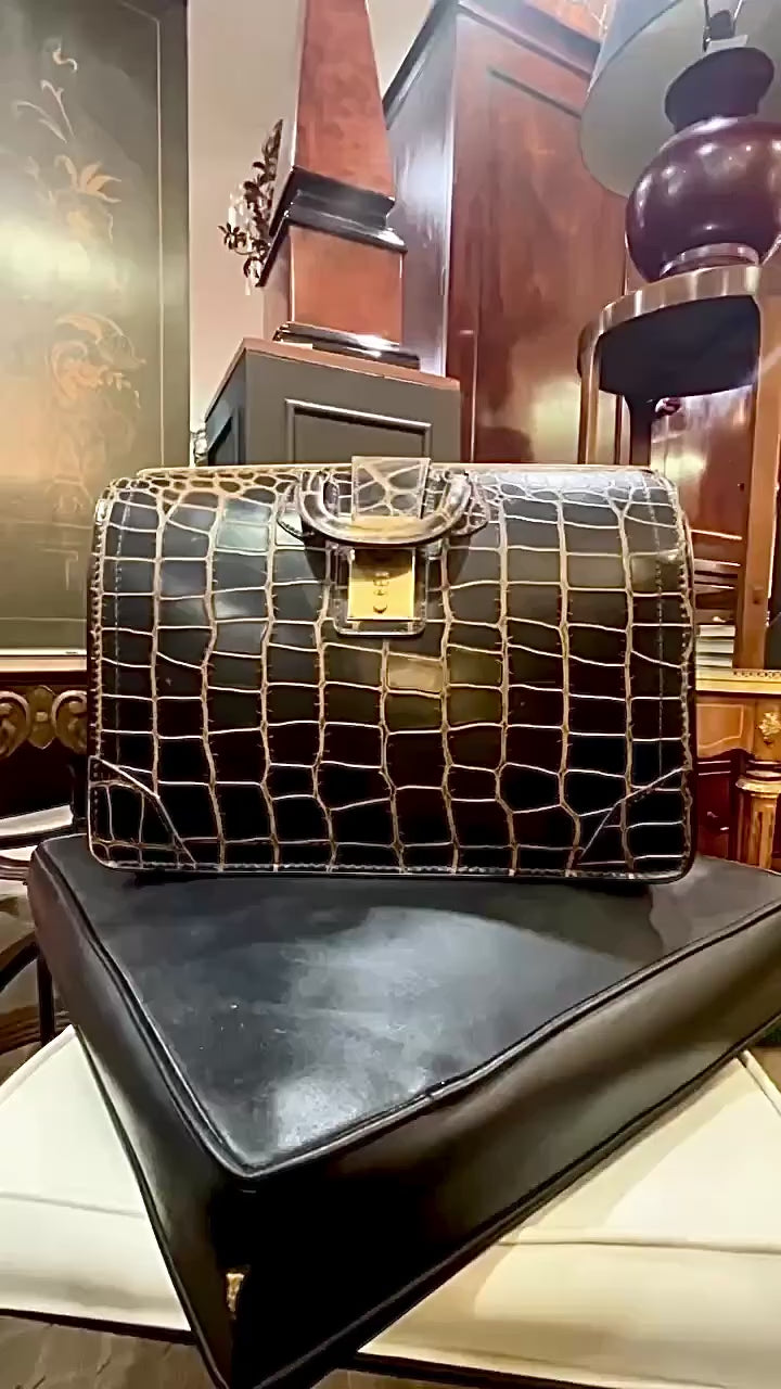 Vintage Belber Warm Black Crocodile Leather Satchel Style Travel Doctor Bag