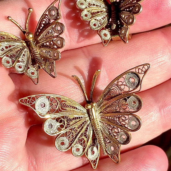 Vintage Enameled 800 Silver Filigree Butterfly Brooch Clip Earrings Set