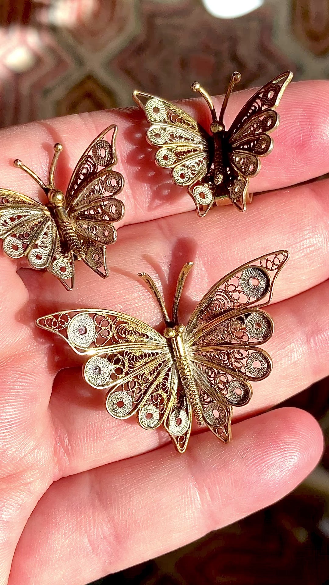 Vintage Enameled 800 Silver Filigree Butterfly Brooch Clip Earrings Set