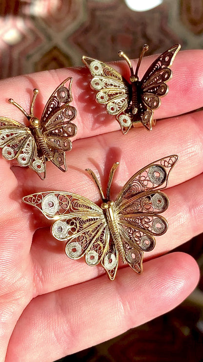 Vintage Enameled 800 Silver Filigree Butterfly Brooch Clip Earrings Set