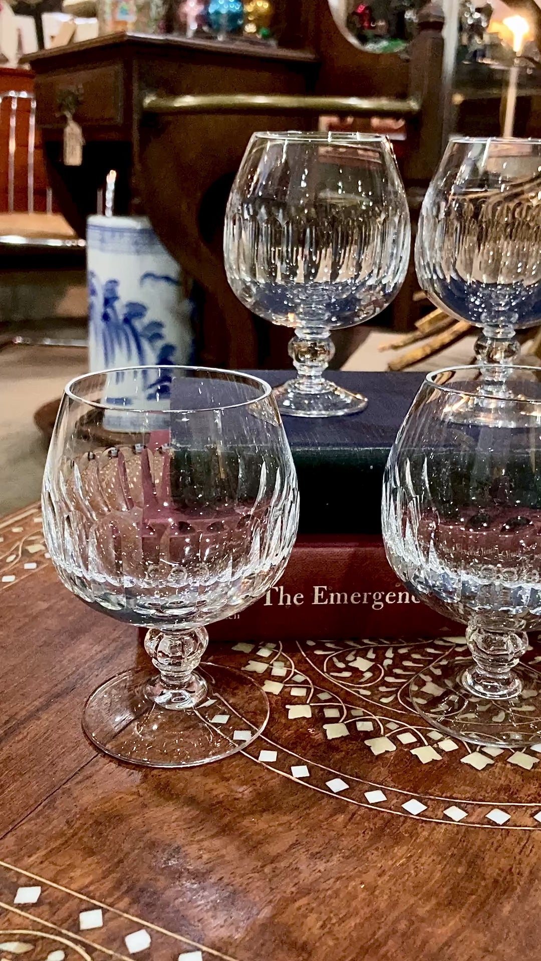 Set of Five Clear Crystal Stemmed Vintage Brandy Snifter Glasses