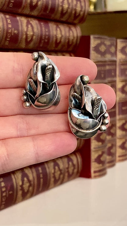 Vintage Danish Modern Style Sterling Silver Double Calla Lily Bouquet Post Earrings