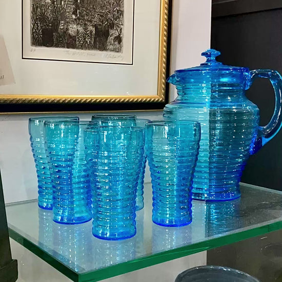 Vintage Turquoise Aqua Ribbed Glass Iced Tea Six Glasses Lidded Pitcher Set