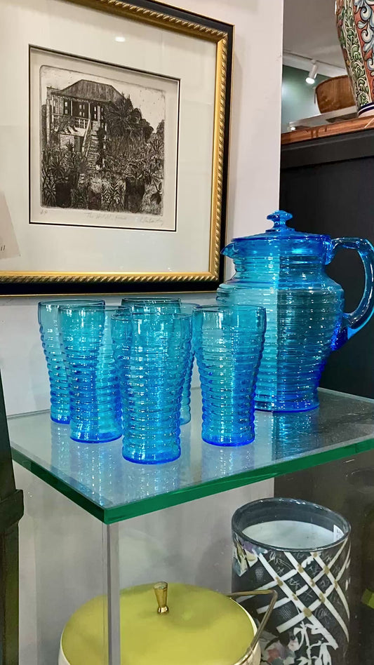Vintage Turquoise Aqua Ribbed Glass Iced Tea Six Glasses Lidded Pitcher Set