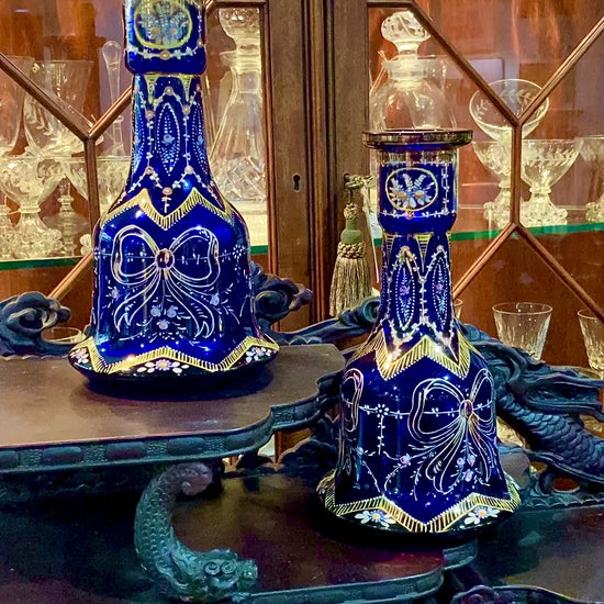 Pair of Antique Cobalt Blue Enameled Gilt Bohemian Glass Bell Vase Decanters Video