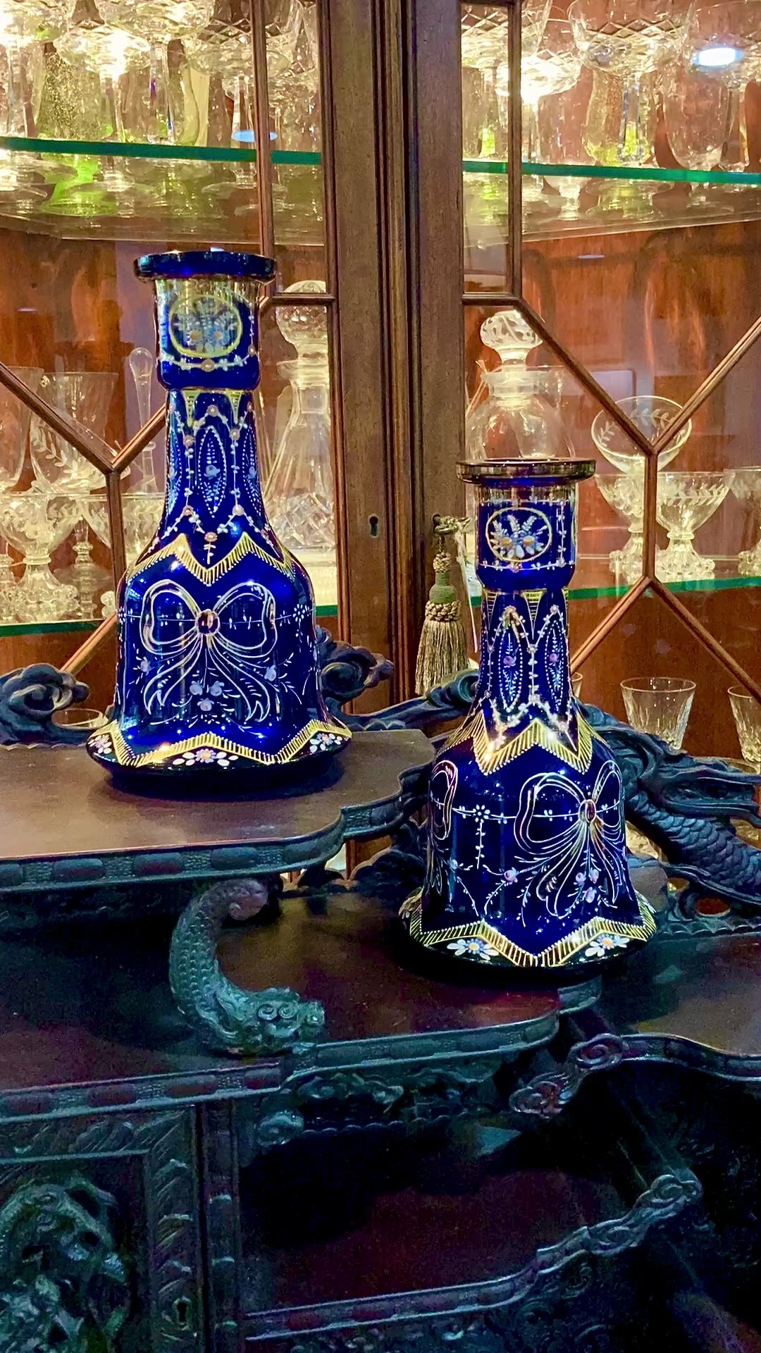 Pair of Antique Cobalt Blue Enameled Gilt Bohemian Glass Bell Vase Decanters Video