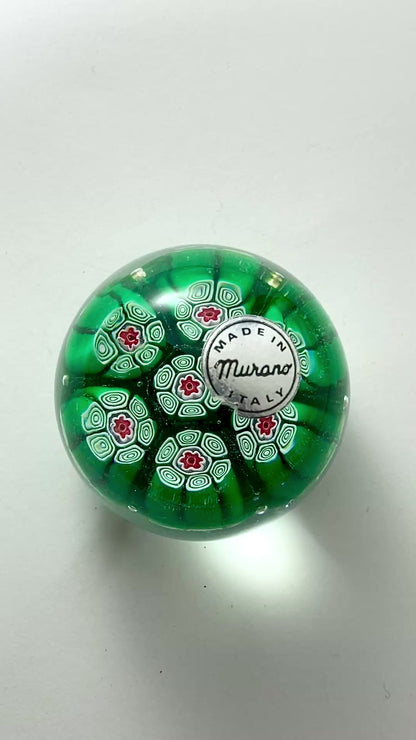 Vintage 1960s Murano Italian Millefiori Green Red Glass Miniature Paperweight