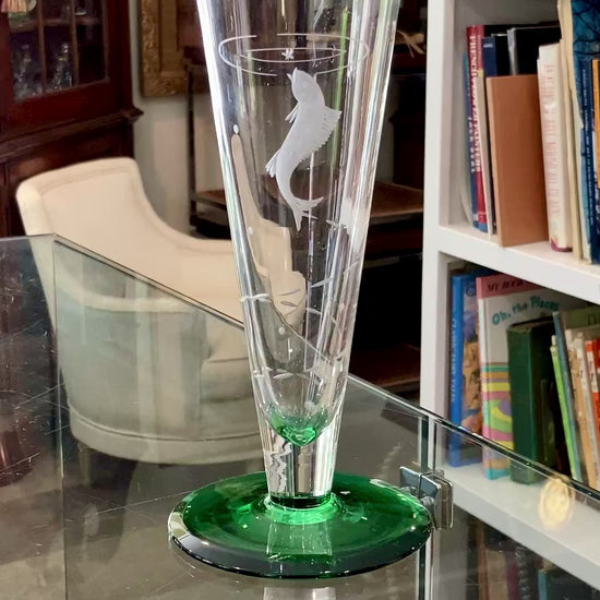 Vintage 1972 Scandinavian Fish Motif Etched Green Clear Glass Trumpet Vase
