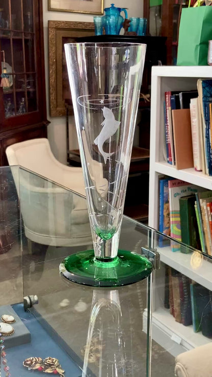 Vintage 1972 Scandinavian Fish Motif Etched Green Clear Glass Trumpet Vase