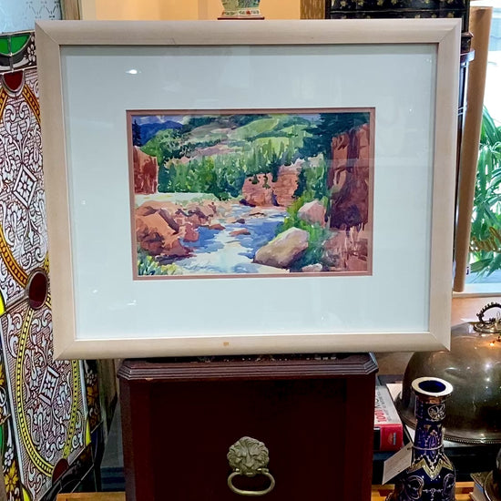 Vibrant Canyon River Watercolor Landscape Signed Framed Painting Art