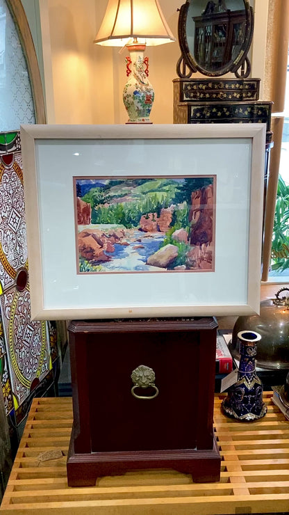 Vibrant Canyon River Watercolor Landscape Signed Framed Painting Art
