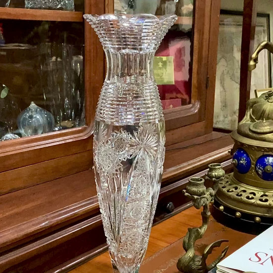Antique American Brilliant Cut Clear Glass J. Hoare Corning Tall Trumpet Vase