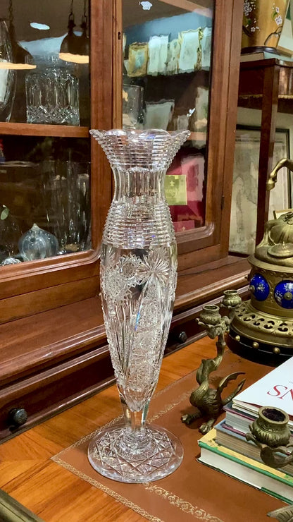 Antique American Brilliant Cut Clear Glass J. Hoare Corning Tall Trumpet Vase