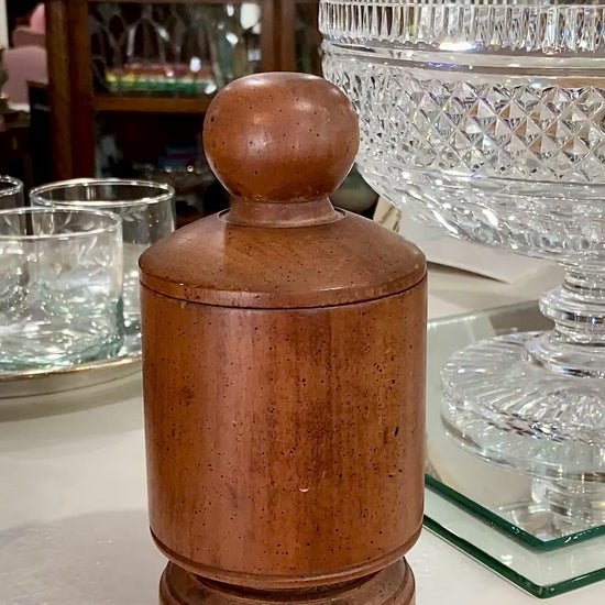 Antique Handmade Turned Wood Cylindrical Footed Lidded Canister Jar