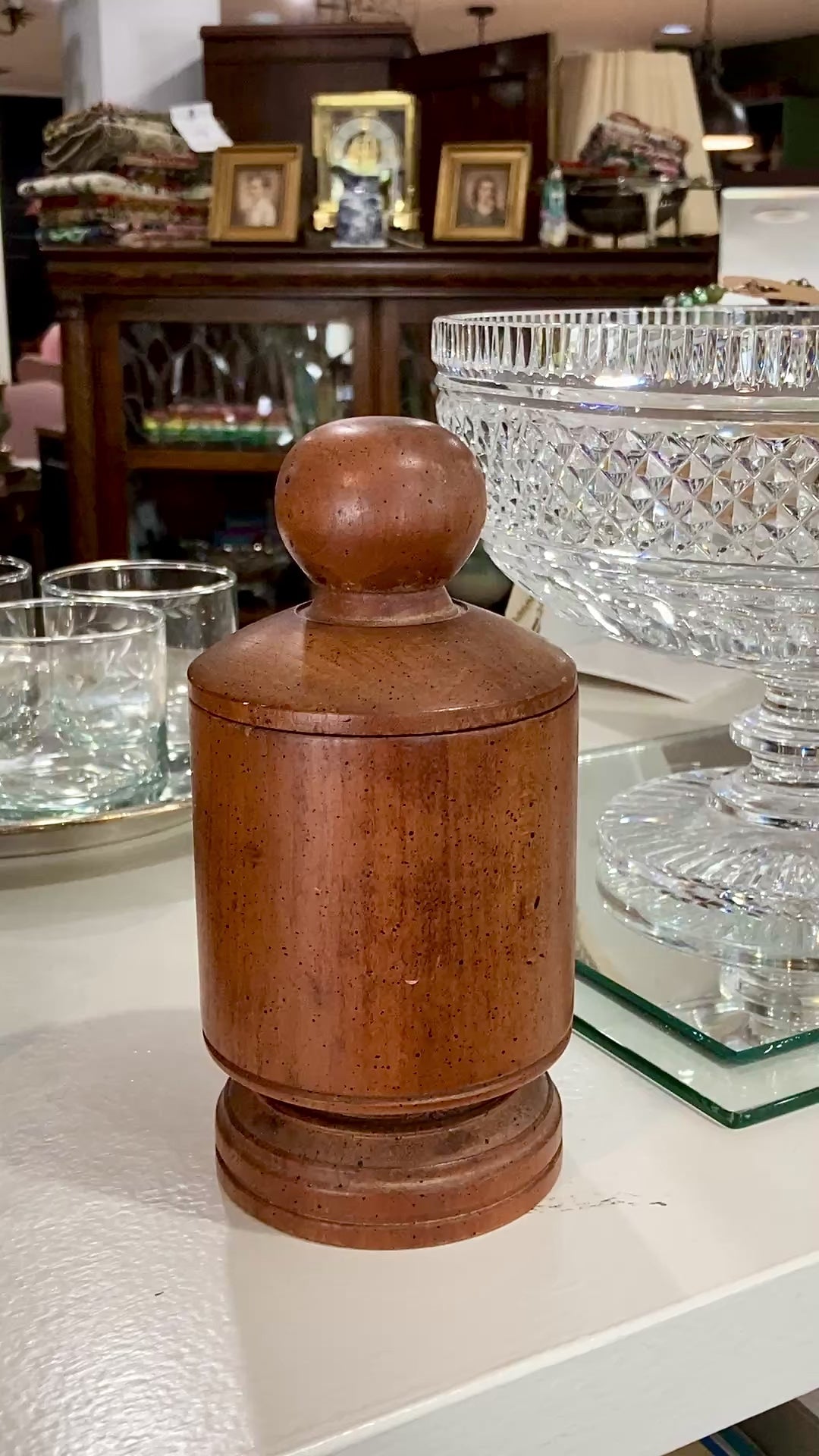 Antique Handmade Turned Wood Cylindrical Footed Lidded Canister Jar