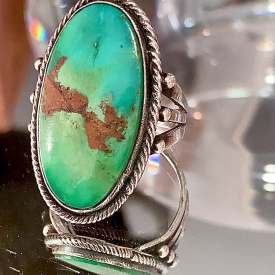 Vintage Sterling Silver Large Oval Turquoise Rope Banded Ring
