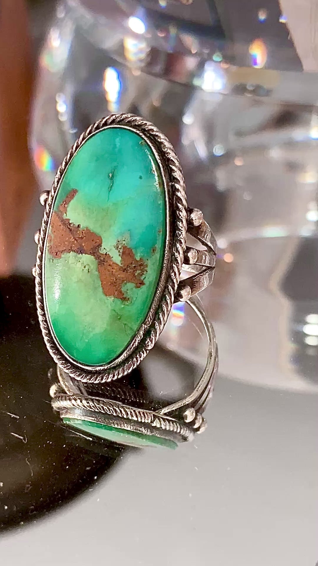 Vintage Sterling Silver Large Oval Turquoise Rope Banded Ring