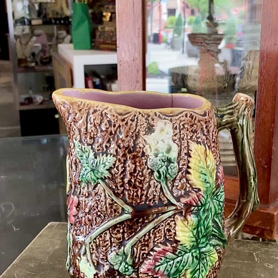 Antique 19th Century Majolica Tree Bark Vine Berry Motif Ceramic Pitcher
