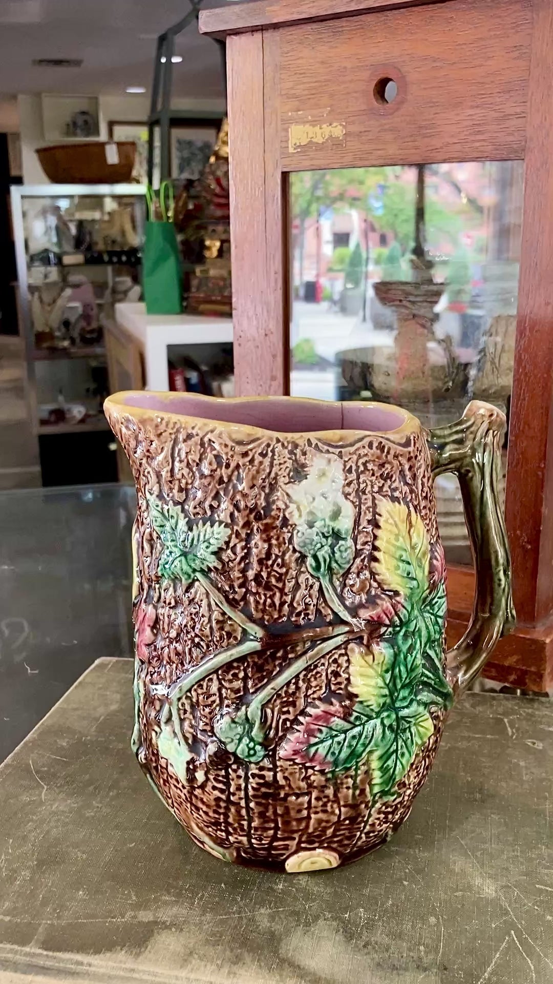 Antique 19th Century Majolica Tree Bark Vine Berry Motif Ceramic Pitcher