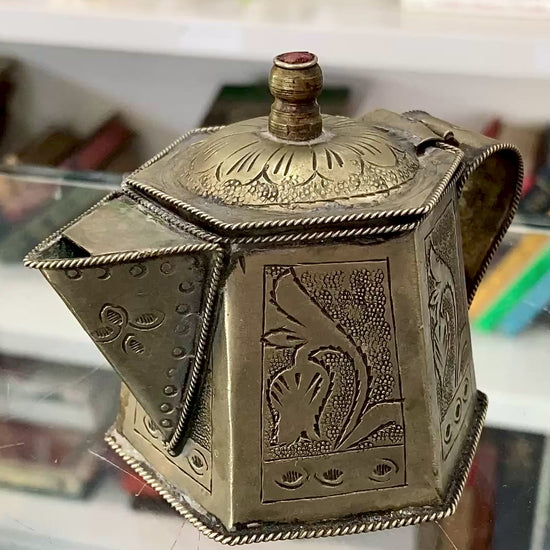 Vintage Silvered Hand Engraved Hinged Lid Miniature Hexagonal Pitcher