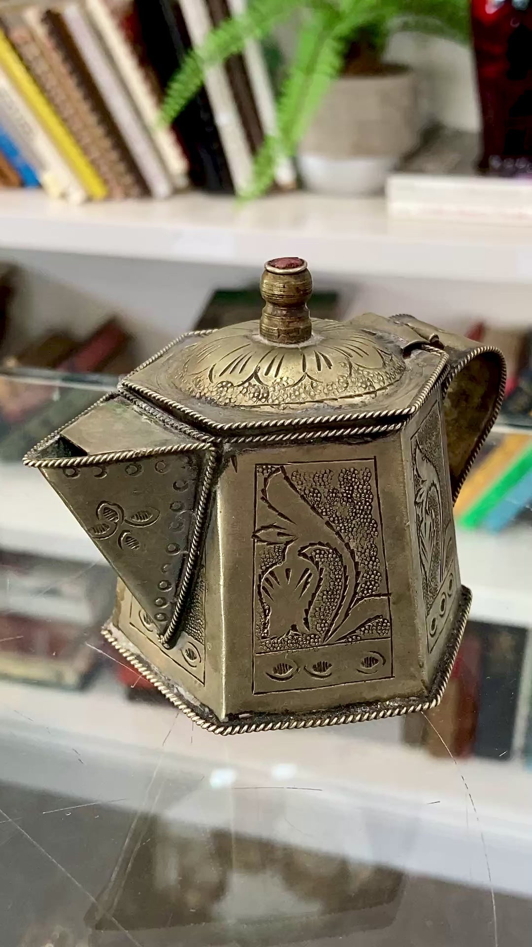 Vintage Silvered Hand Engraved Hinged Lid Miniature Hexagonal Pitcher