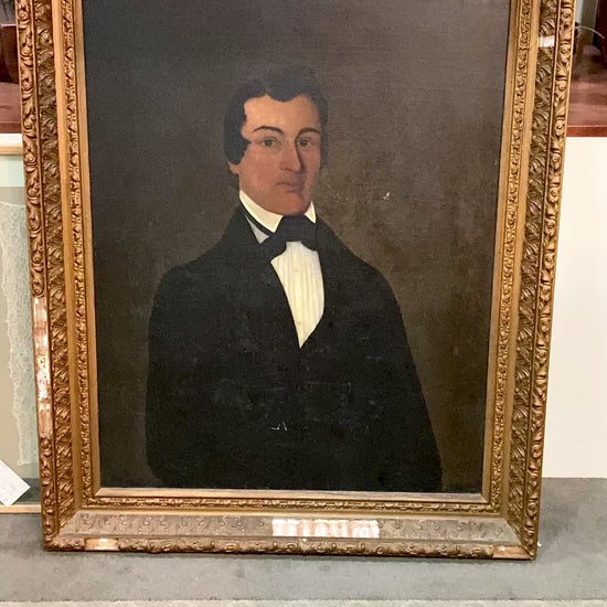 Antique 19th Century Unnamed Gentleman Portrait Framed Oil on Canvas Painting
