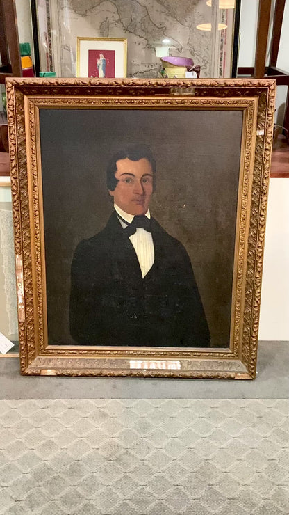 Antique 19th Century Unnamed Gentleman Portrait Framed Oil on Canvas Painting