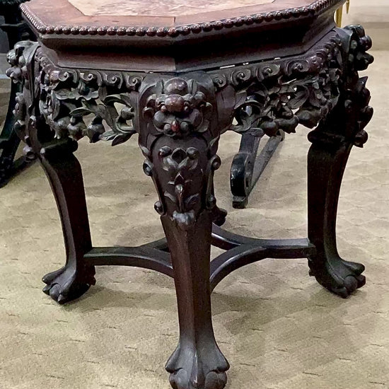 Antique 1920s Hand Carved Chinese Rosewood Marble Top Inlay Side Table