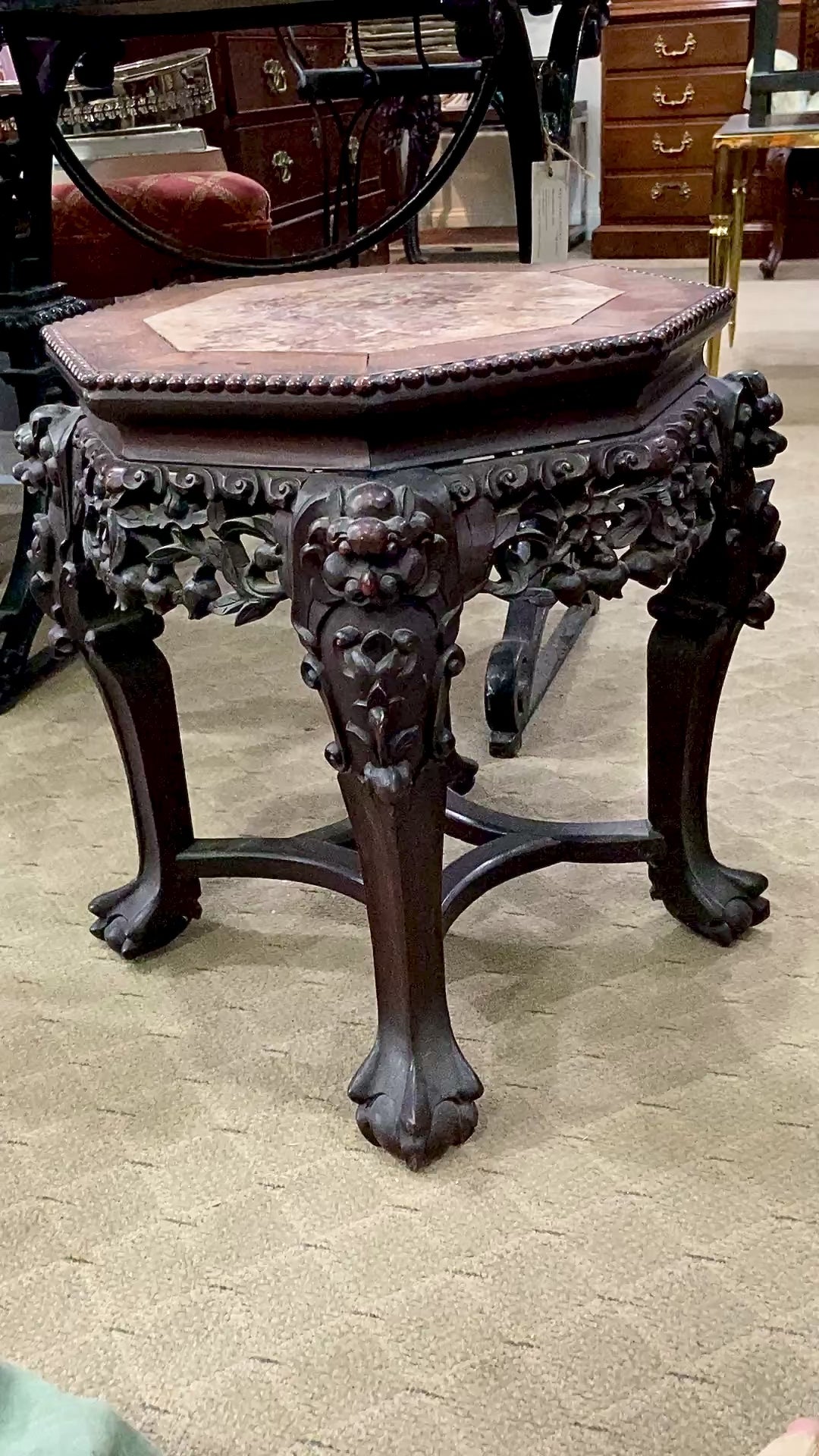 Antique 1920s Hand Carved Chinese Rosewood Marble Top Inlay Side Table