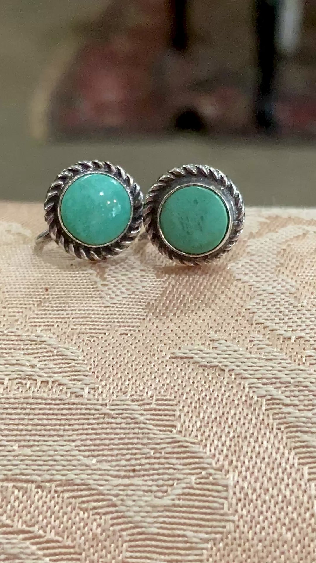 Vintage Sterling Silver Faux Turquoise Circle Screwback Stud Style Earrings