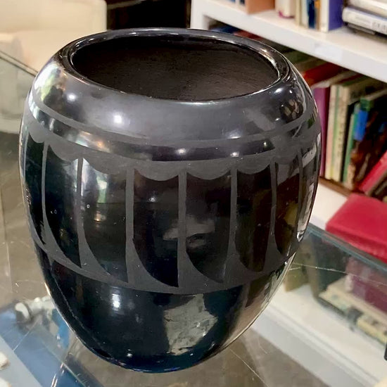 Vintage Santa Clara Pueblo Feather Design Blackware Pottery Vase