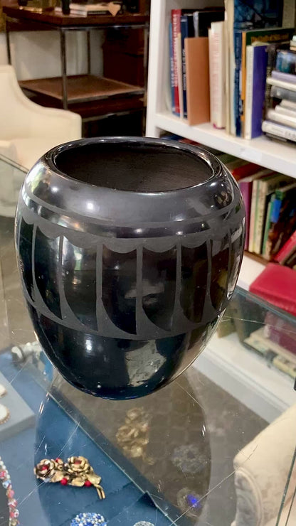 Vintage Santa Clara Pueblo Feather Design Blackware Pottery Vase